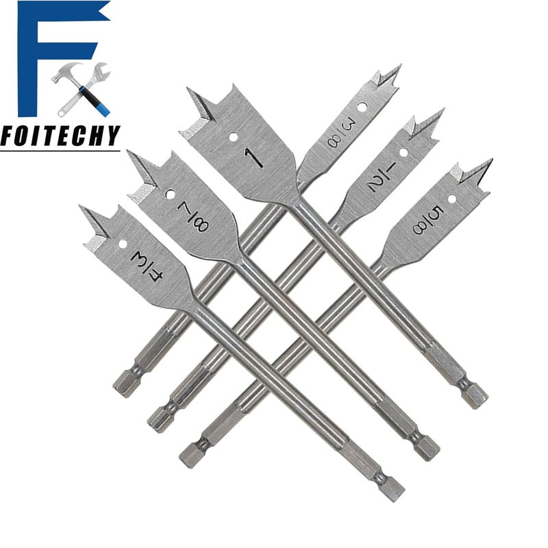 FOITECHY (6pcs) Spade Drill Bits3/8“-1”,Hex Shank Drill Bit Set,Hole Cutter, Titanium Coating, Carbon Steel Heavy Duty Sturdy Woodworking Flat Boring Drill High Carbon Steel Paddle Silver - Image 4